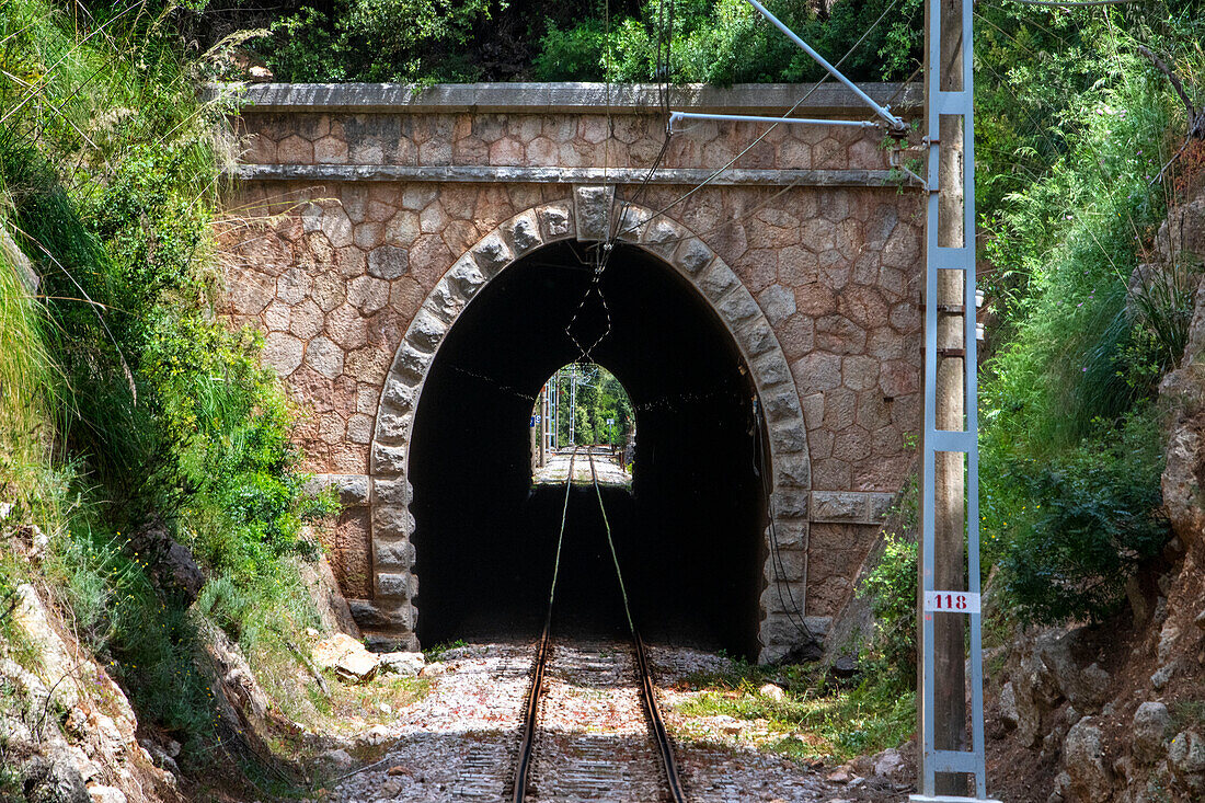 Tunnel in the line of tren de Soller train vintage historic train that connects Palma de Mallorca to Soller, Majorca, Balearic Islands, Spain, Mediterranean, Europe.