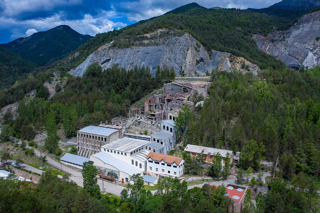 Aerial view of Museu de Ciment or Asland ciment museum promoted by Eusebi Güell and designed by Rafael Guastavino, Castellar de n´hug, Berguedà, Catalonia, Spain.