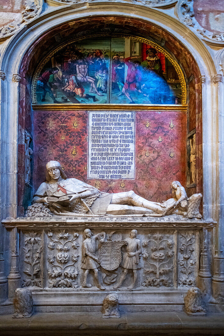 Tomb of the Doncel, or young Knight, a much visited section of Siguenza Cathedral, Spain. He died in 1486 when he was 14, young nobleman Martín Vázquez de Arce (1460-1486), portrait statue in his tomb in the Cathedral of Sigüenza (Guadalajara), made in polychromed alabaster, 1486-1504.