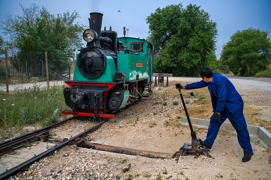 Haltestelle Laguna del Campillo, Lokomotive Aliva nº 4 im Zug El Tren de Arganda oder Tren de la Poveda in Arganda del Rey, Madrid, Spanien