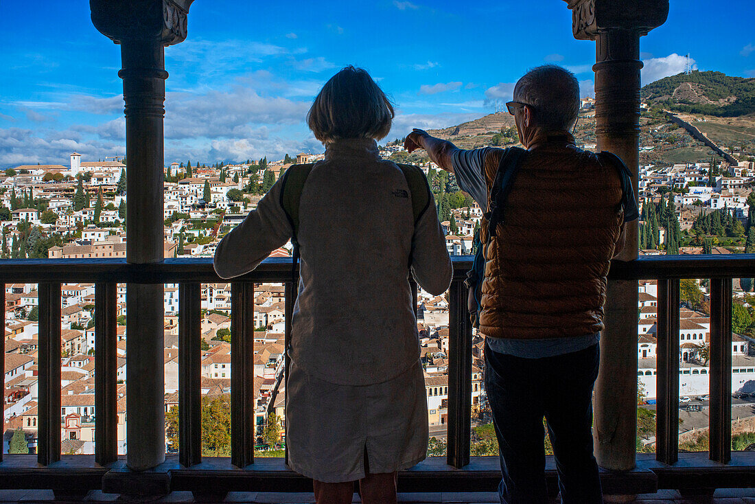 The vista on Sacromonte and Albaicin districts of Granada from the windows of Alhambra fortress and Generalife, Spain