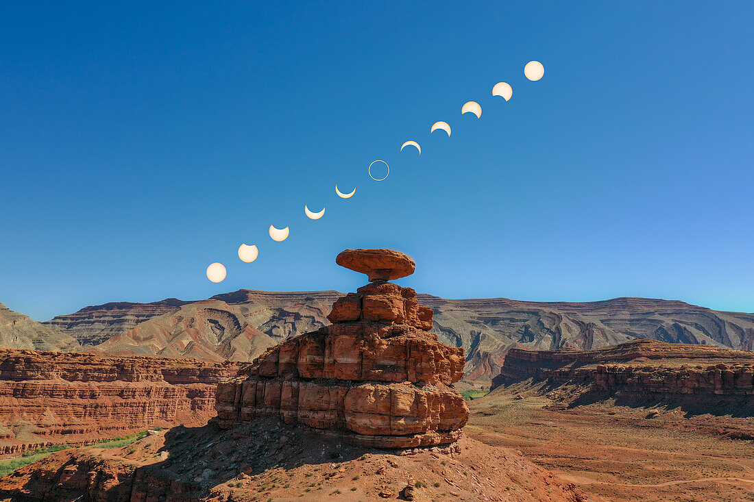 Composite image of Mexican Hat Rock in Utah, double-exposed with the annular eclipse on 14 October 2023. Mexican Hat Rock was very near the center of the path of peak annularity. FIltered images of the eclipse were added to the unfiltered image of Mexican Hat Rock taken prior to the eclipse.