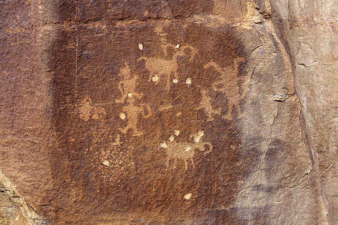 A pre-Hispanic Native American petroglyph rock art panel in Nine Mile Canyon in Utah.