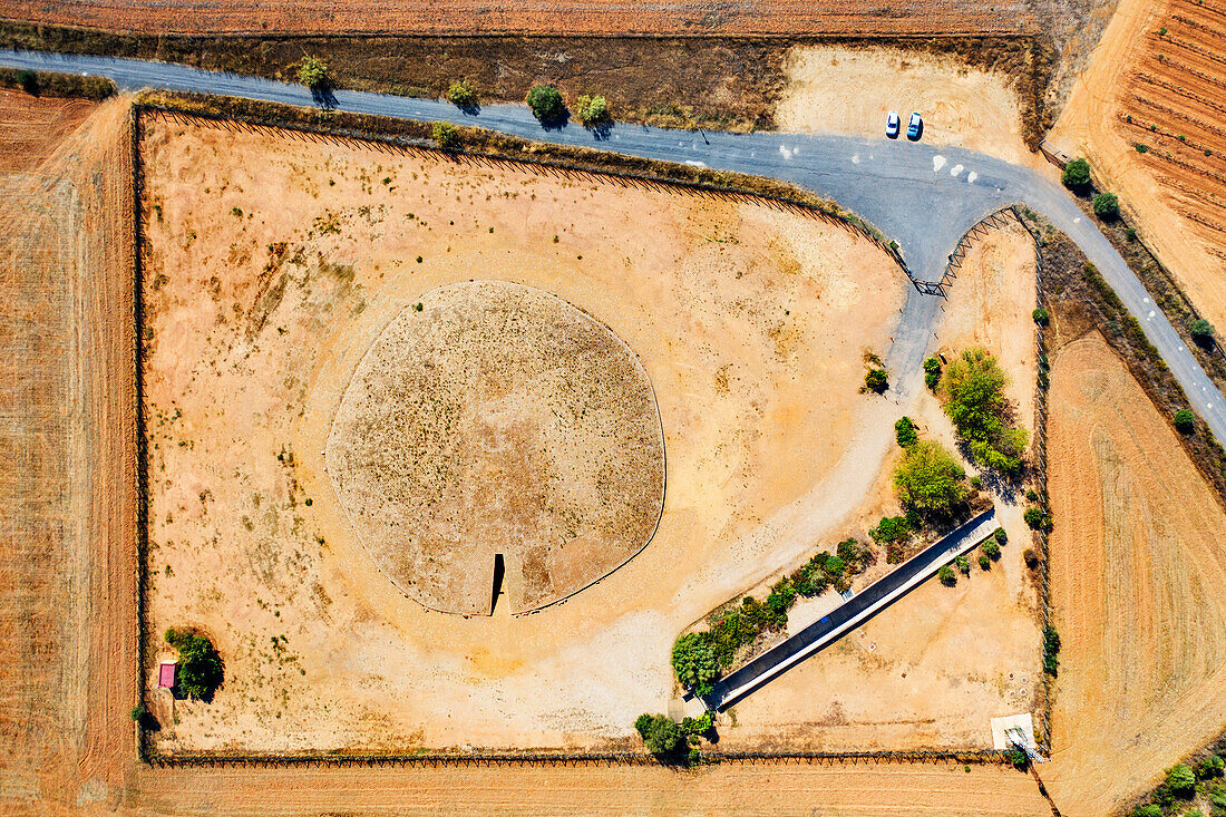 Aerial views of Dolmen de Soto de Trigueros, Corridor from entrance view, Trigueros, Huelva, Spain.