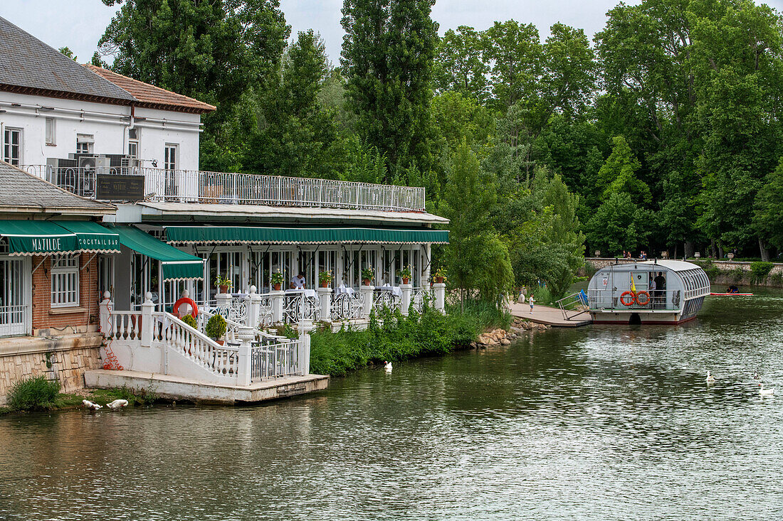 Matilde restaurant and boat trip excrusion on rio Tajo river or Tagus river in the La Isla garden Aranjuez Spain.