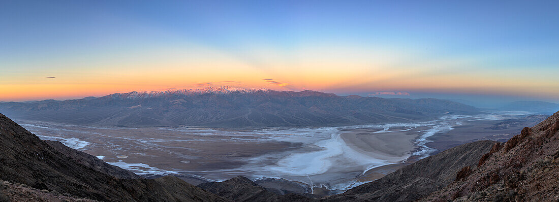 Panoramic view from Dantes View over Badwater Basin to the Panamint Mountains; Death Valley National Park, California.