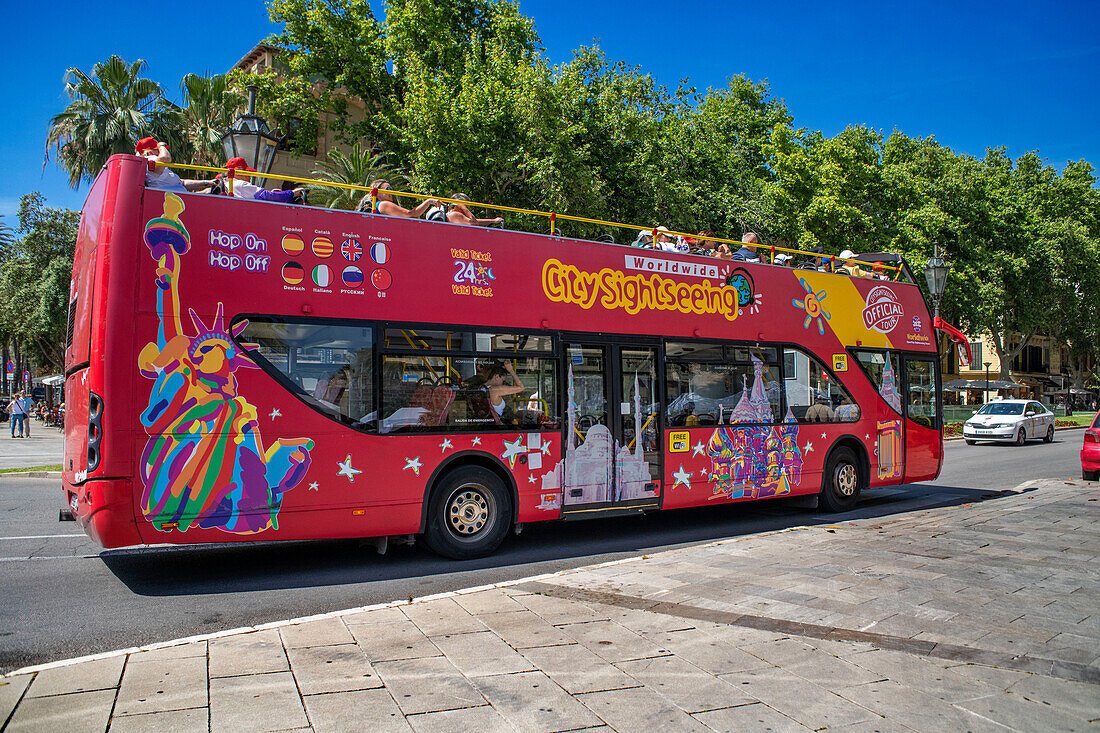 Tourist Bus in the historic centre of Palma de Majorca, Majorca, Balearic Islands, Spain, Europe