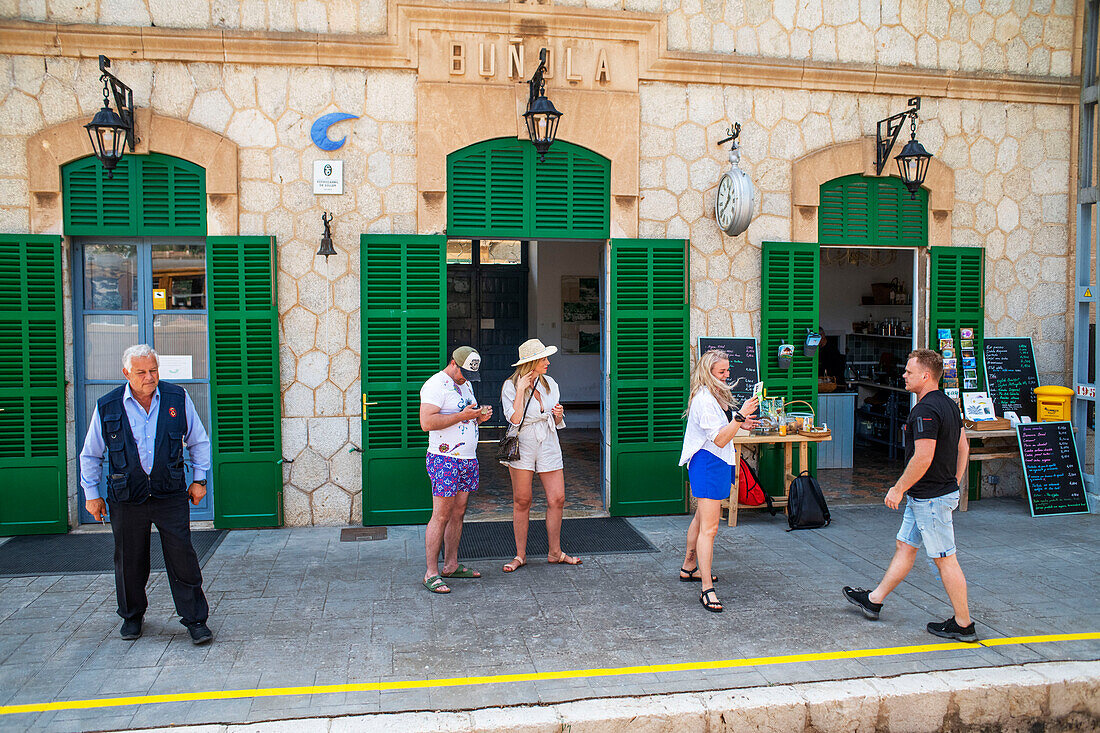 Buñola train station. Tren de Soller train vintage historic train that connects Palma de Mallorca to Soller, Majorca, Balearic Islands, Spain, Mediterranean, Europe.