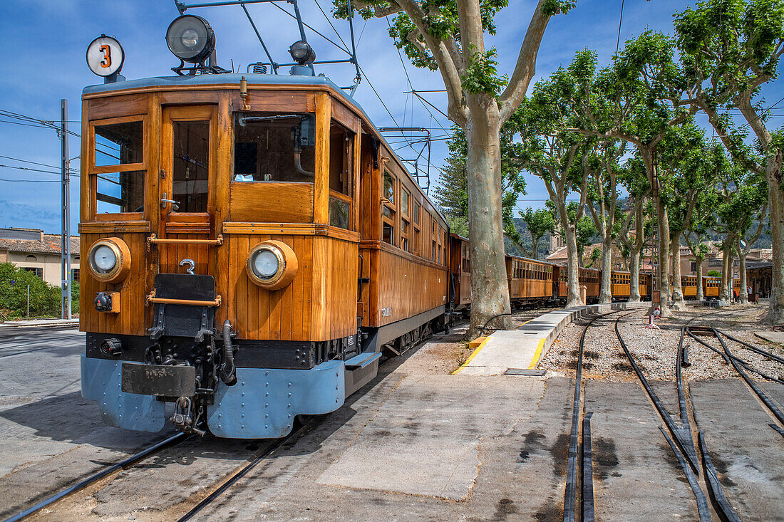 Soller train station in Soller village. Tren de Soller train vintage historic train that connects Palma de Mallorca to Soller, Majorca, Balearic Islands, Spain, Mediterranean, Europe.