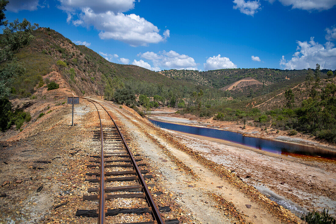 Railway of the touristic train used for tourist trip through the RioTinto mining area, Huelva province, Spain.