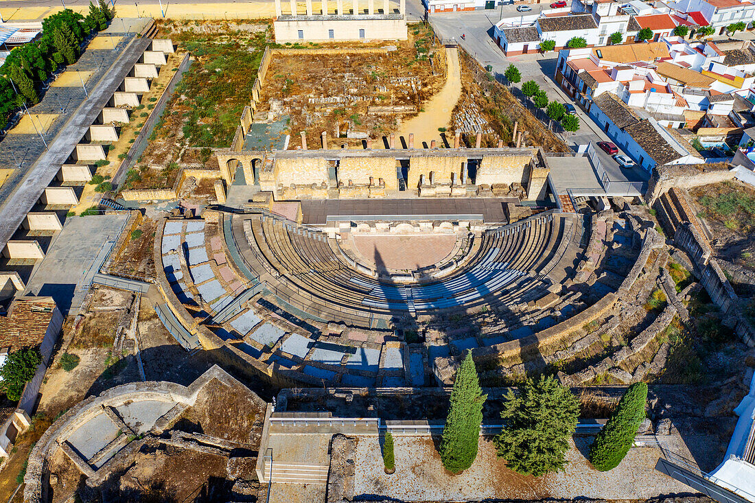 Aerial views of roman ruins of a Roman amphitheater, Italica, Seville Province, Andalusia, Spain.