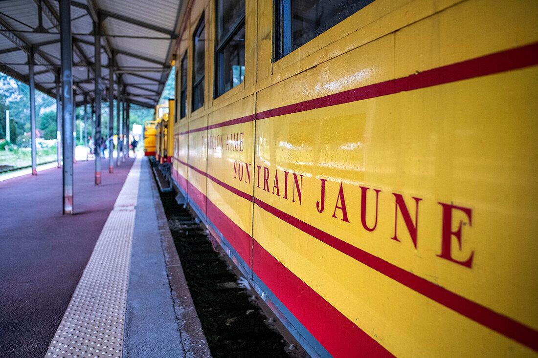 Vilafranca de Conflent train station. The Yellow Train or Train Jaune, Pyrénées-Orientales, Languedoc-Roussillon, France.