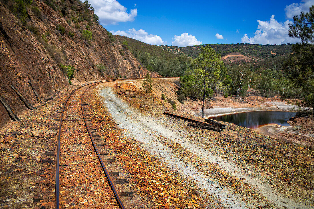 Railway of the touristic train used for tourist trip through the RioTinto mining area, Huelva province, Spain.