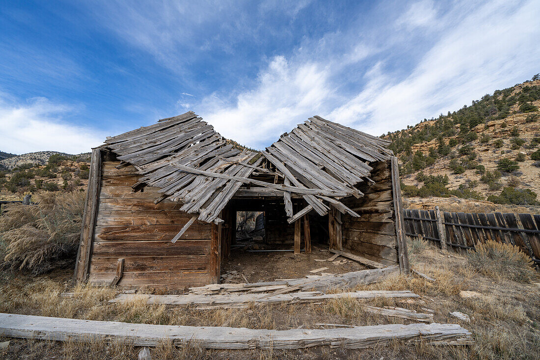 An abandoned pioneer ranch barn in Cottenwood Glen in Nine Mile Canyon in Utah.