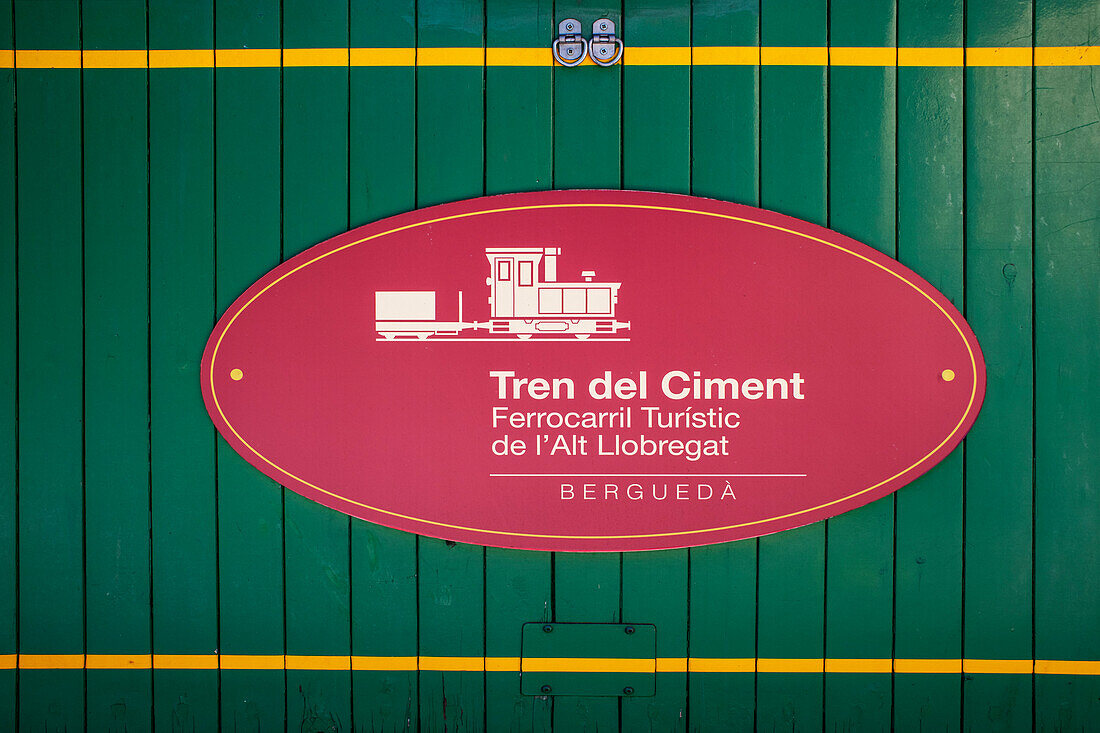 Sign simbol of Tren del Ciment, at Pobla de Lillet station, La Pobla de Lillet, Castellar de n´hug, Berguedà, Catalonia, Spain.