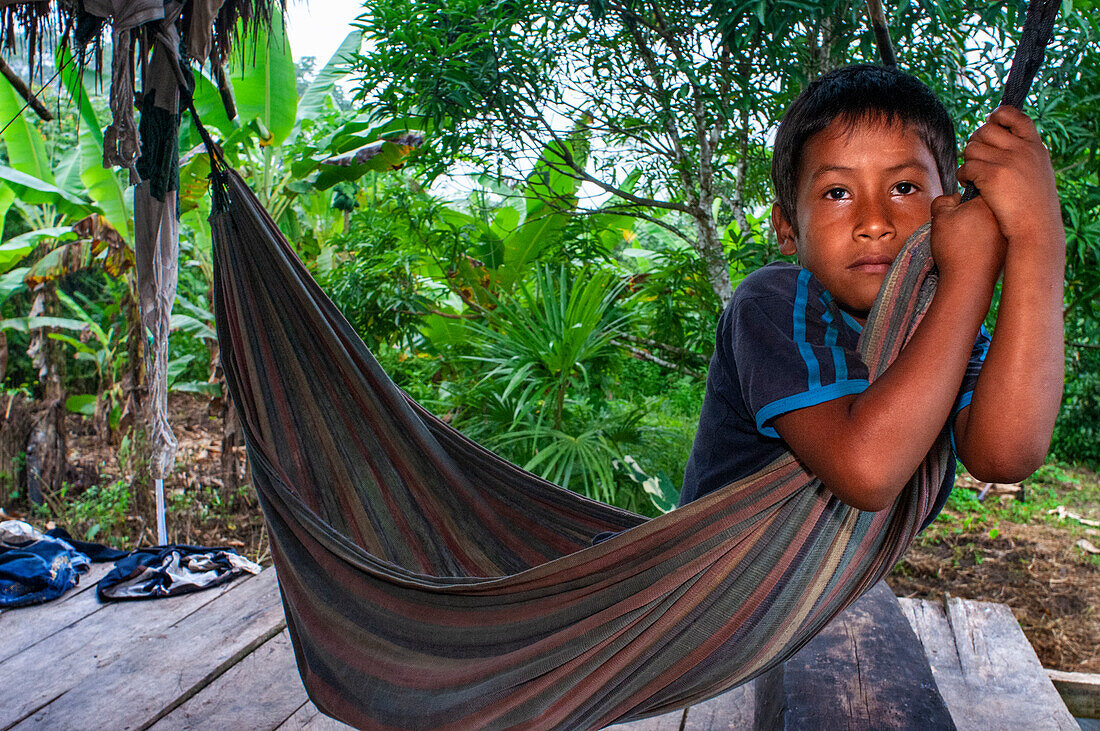 Junge des Flussuferdorfs Timicuro I. Iqutios peruanischer Amazonas, Loreto, Peru