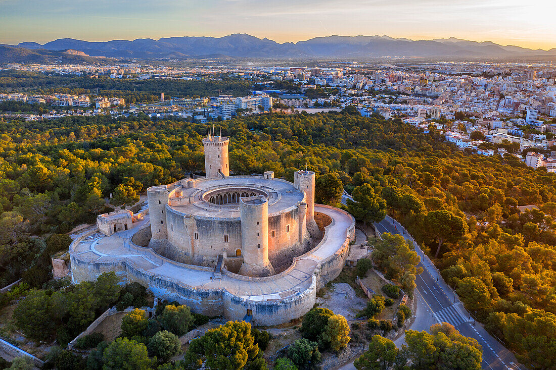 Aerial view of Bellver castle Palma de Mallorca Majorca Balearic Spain.