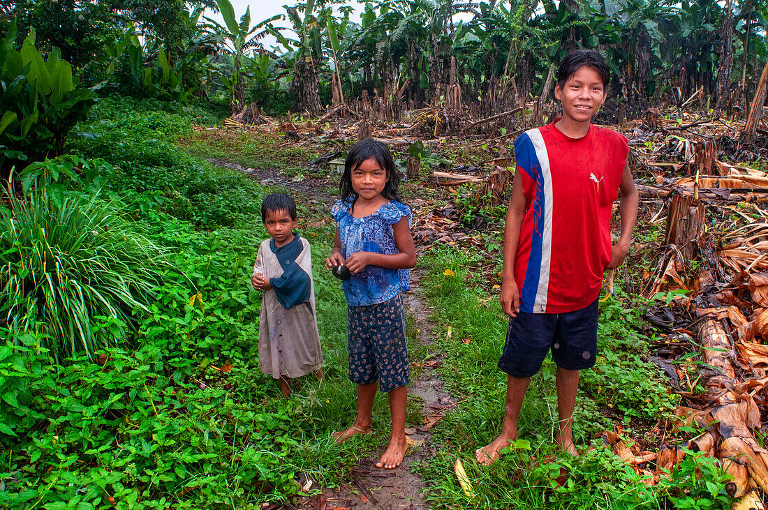 Einheimische Kinder im Flussuferdorf Timicuro I. Iqutios am peruanischen Amazonas, Loreto, Peru