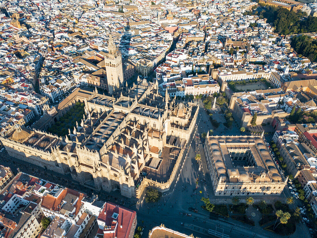 Luftaufnahme von Sevilla Luftaufnahme von der Spitze der Kathedrale La Giralda der Heiligen Maria vom See, Kathedrale von Sevilla, Andalusien, Spanien