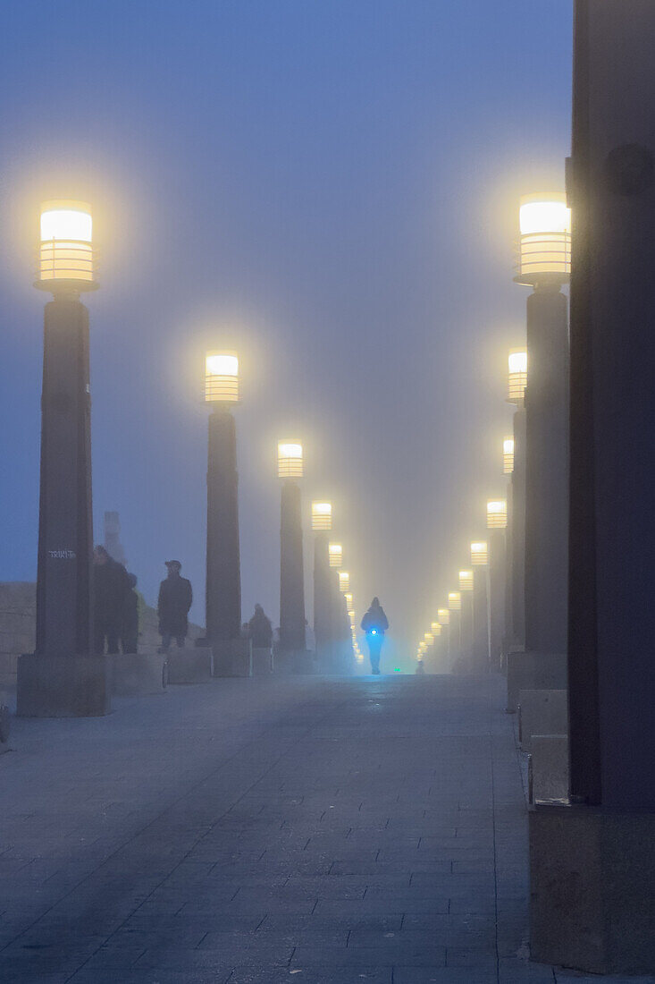 Foggy winter cityscape as temperatures go down in Zaragoza, Spain