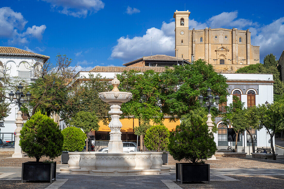 Osuna city center Plaza Mayor and Collegiate Santa Maria of Osuna, Seville Andalusia Spain.