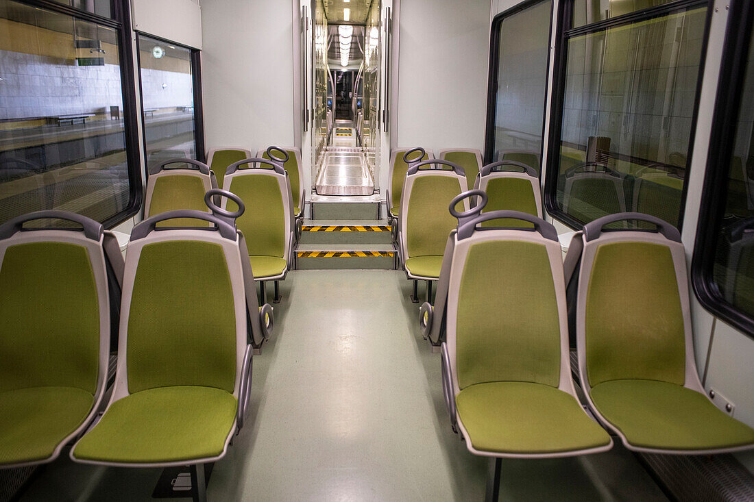 Inside Cremallera Rack railway train climbing up Montserrat mountain, Monistrol de Montserrat, Barcelona, Spain.