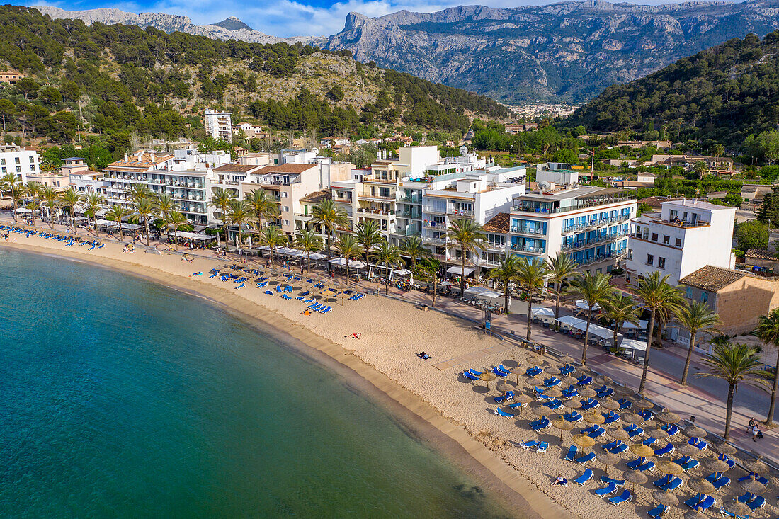 Aerial view of Platja de Port de soller beach, Port de Soller, Mallorca, Balearic islands, Spain