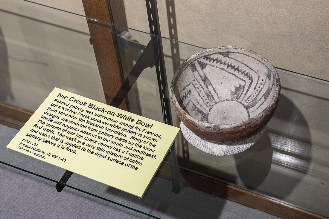 A Fremont culture Ivie Creek black-on-white ceramic bowl in the USU Eastern Prehistoric Museum in Price, Utah.