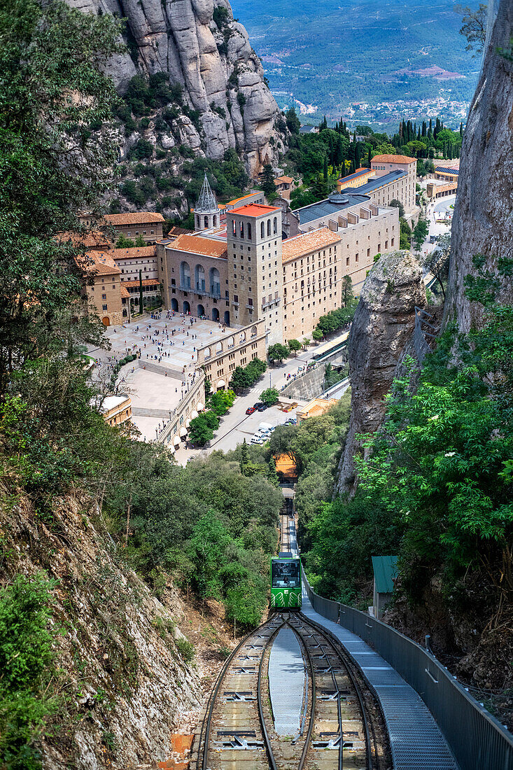 Funicular de Sant Joan cable car railway on the benedictine abbey of Santa Maria de Montserrat mountain, Monistrol de Montserrat, Barcelona, Catalonia, Spain