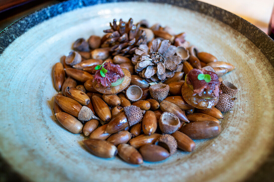 iberian dish. Dish of a dinner in the Villa Retiro hotel restaurant in Xerta, with the shape of the Terres de l'Ebre region in Tarragona, Catalonia, Spain.