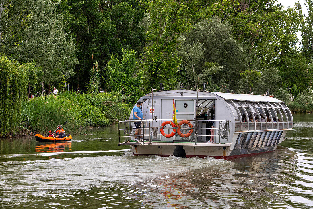 Kajak- und Bootsausflug auf dem Fluss Tajo oder Tejo im Garten von La Isla Aranjuez, Spanien