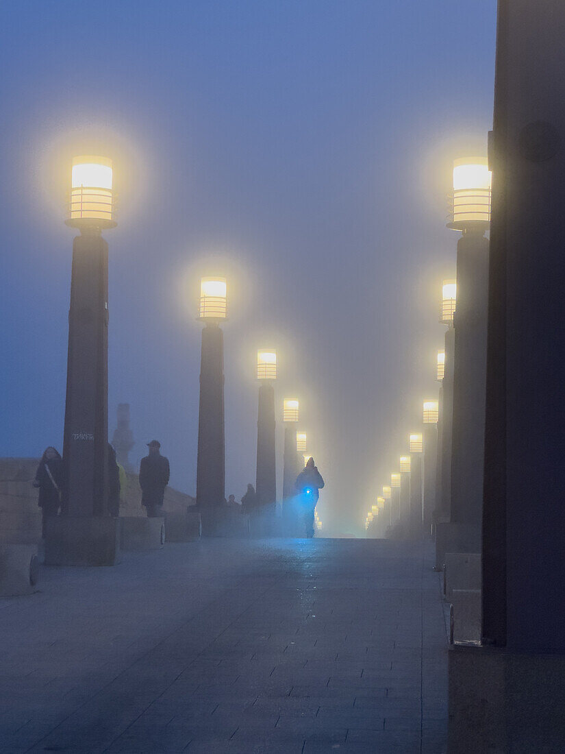 Foggy winter cityscape as temperatures go down in Zaragoza, Spain