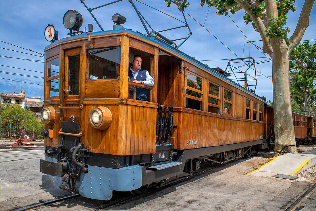 Soller train station in Soller village. Tren de Soller train vintage historic train that connects Palma de Mallorca to Soller, Majorca, Balearic Islands, Spain, Mediterranean, Europe.