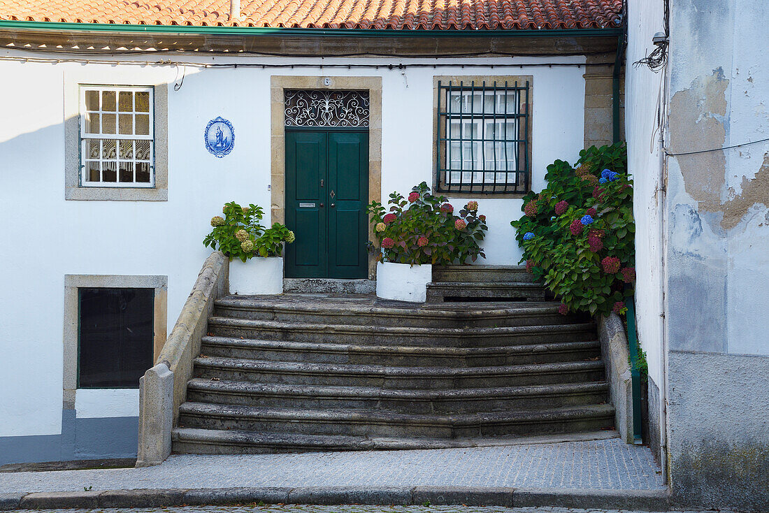 Haus mit Treppe und Hortensien in Pinhel, Portugal