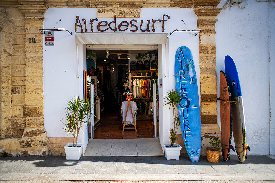 Surfing surf shop in the city center of Conil de la Frontera, Province Cadiz, Andalusia, Spain.