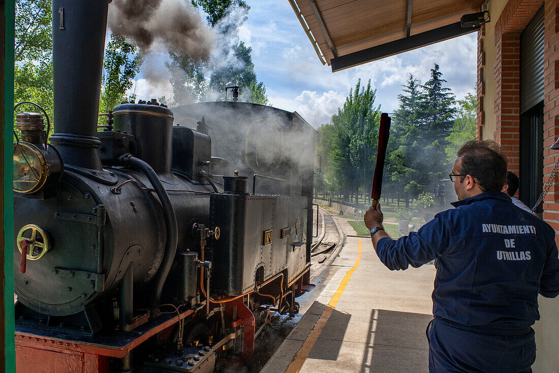 Dampfeisenbahn, Utrillas-Bergbauzug und Utrillas-Bergbau- und Eisenbahn-Themenpark, Utrillas, Cuencas Mineras, Teruel, Aragon, Spanien