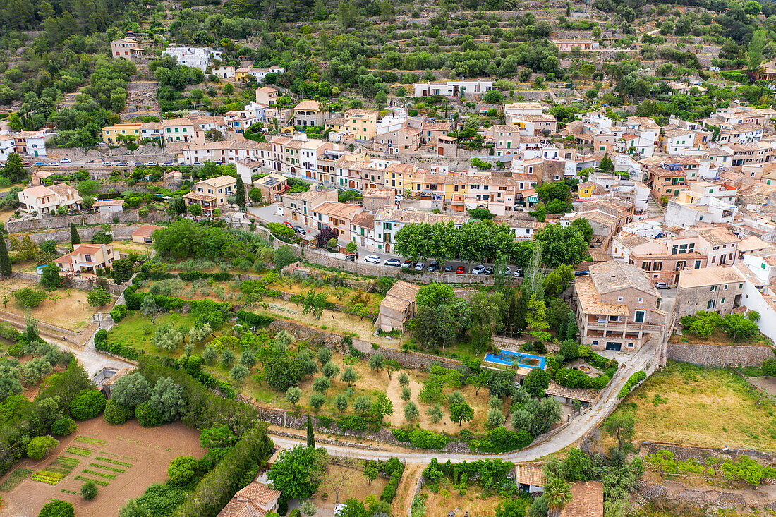 Aerial view of Bunyola village, Bunola, Serra de Tramuntana mountain range, Majorca, Mallorca, Balearic Islands, Spain, Europe