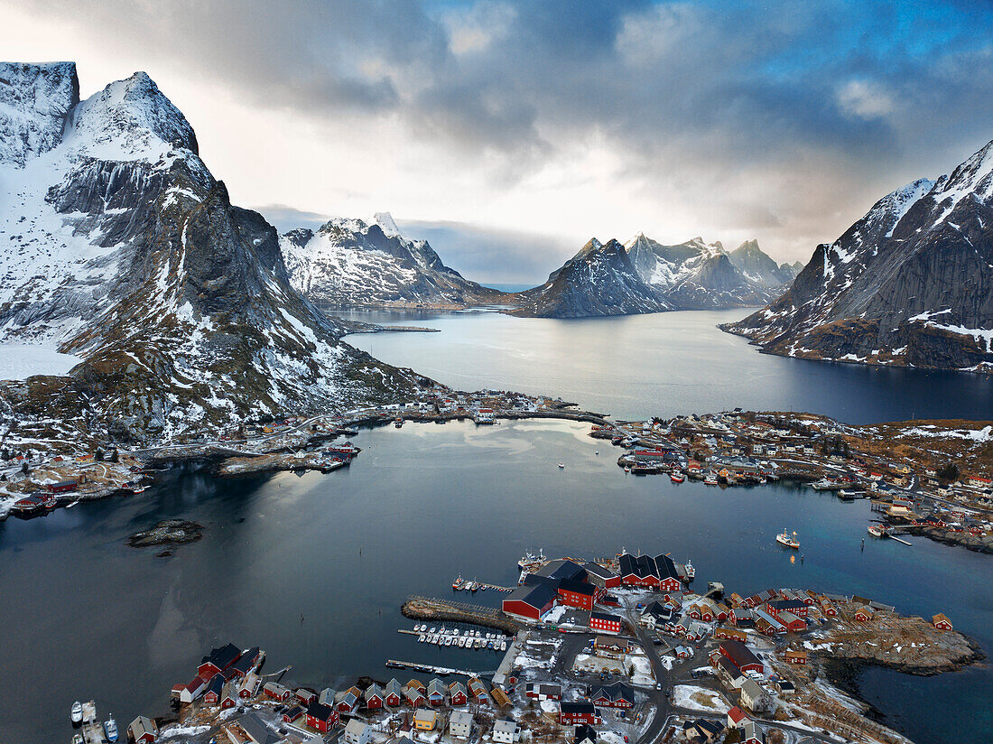 Aerial view of Reine fisher village on Lofoten Islands in Norway