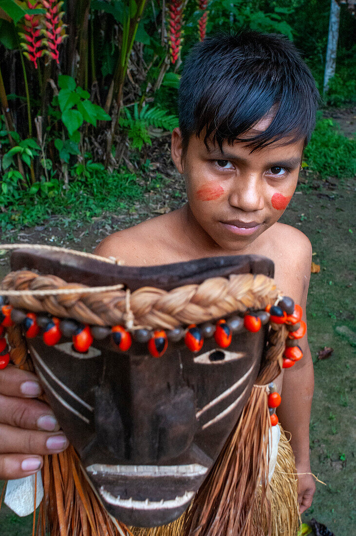 Local masks of Yagua Indians living a traditional life near the Amazonian city of Iquitos, Peru.