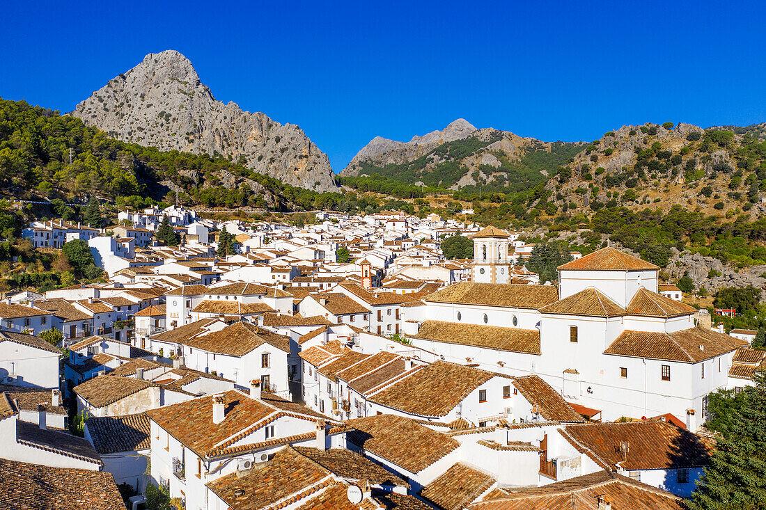 Aerial view of traditional white houses in Grazalema town, Cadiz Sierra de Grazalema Andalucia Spain.