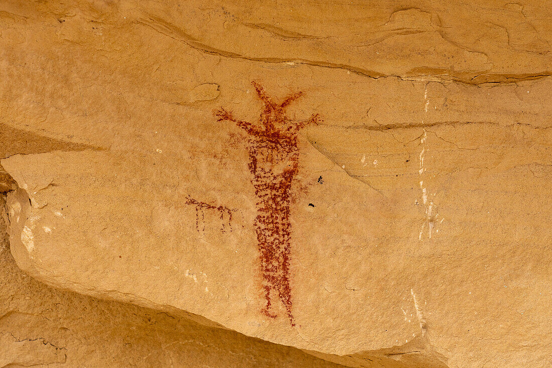 Piktogramme der amerikanischen Ureinwohner an der Waving Hands Canyon Interpretive Site, Canyon Pintado National Historic District in Colorado. Prähispanische Felszeichnungen der amerikanischen Ureinwohner