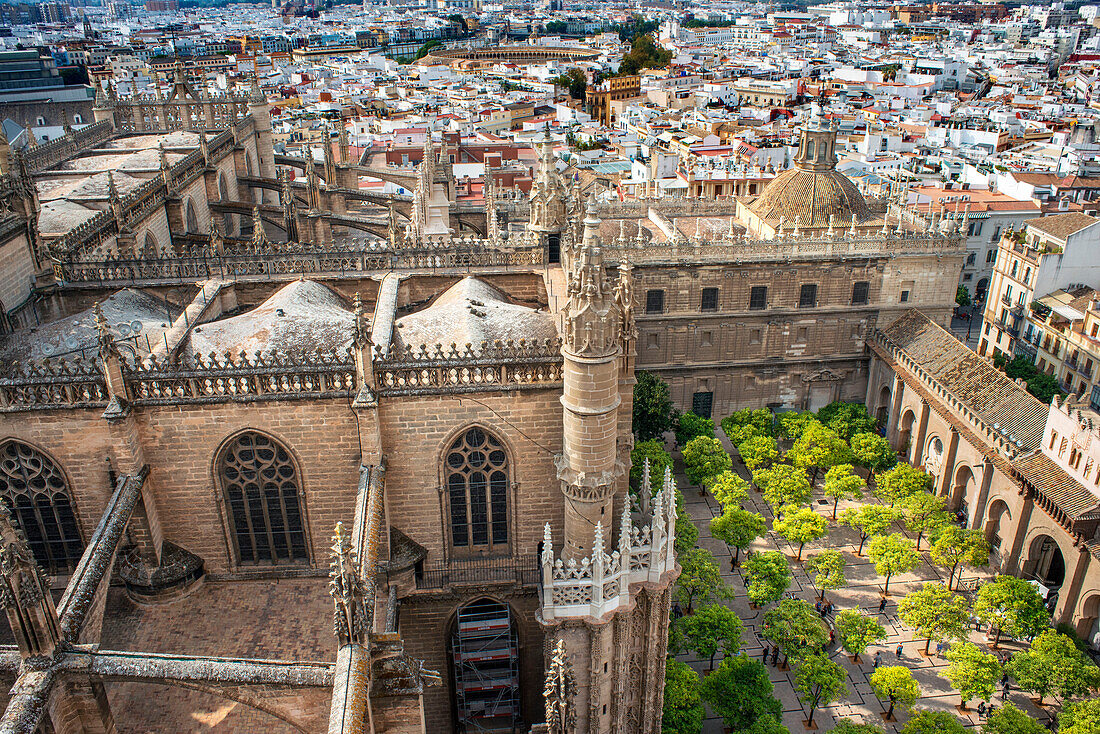 City skyline of Sevilla aerial view from the top of La Giralda Cathedral of Saint Mary of the See, Seville Cathedral , Andalusia, Spain