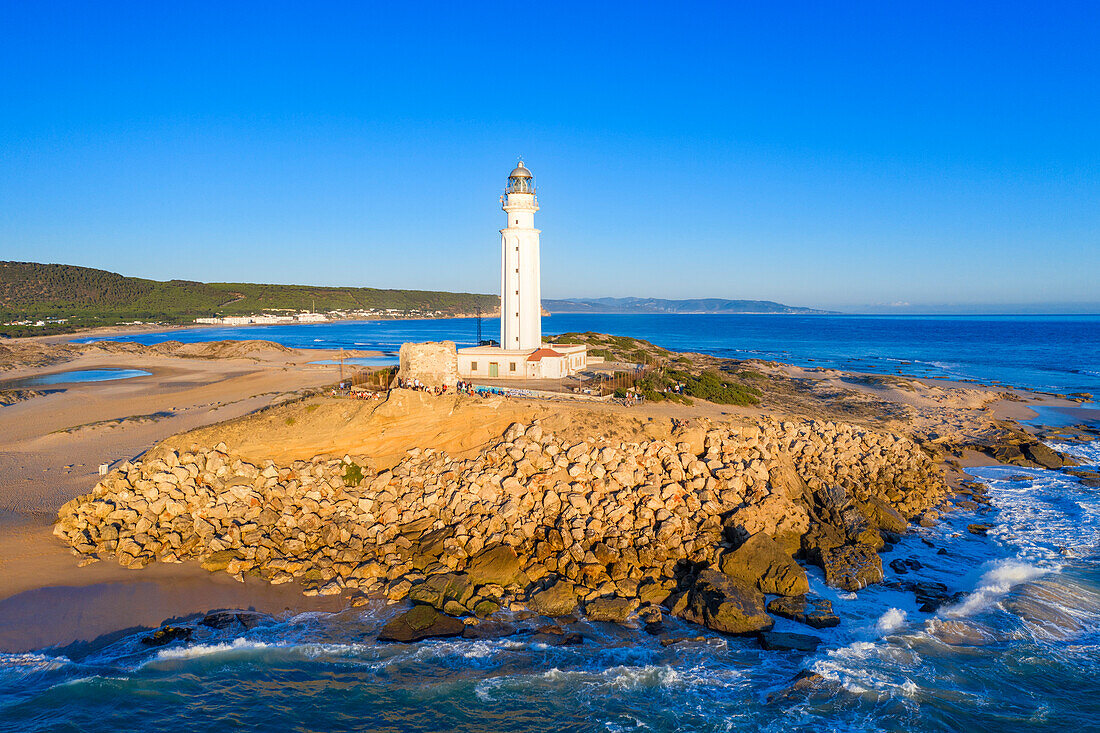 Aerial view of Caños de Meca Cape Trafalgar lighthouse, Barbate, Cadiz province, Region of Andalusia, Spain, Europe.