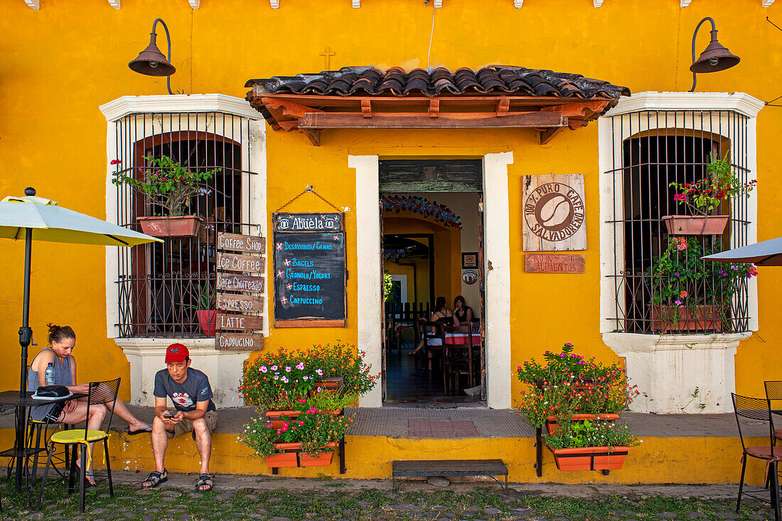Casa de la abuela restaurant and Colorful architecture of Suchitoto. Suchitoto, Cuscatlan, El Salvador Central America