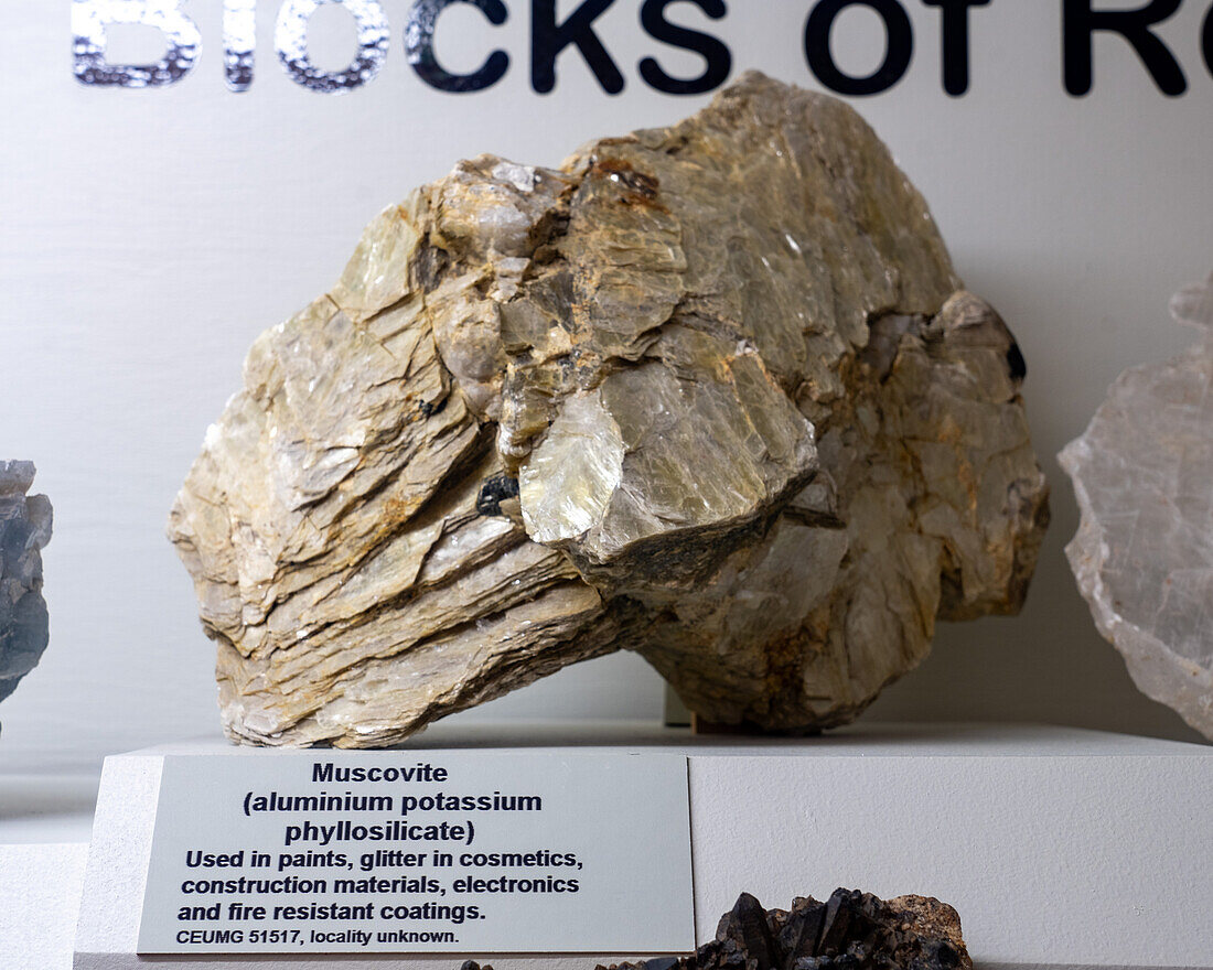 Muscovite, aluminum potassium phyllosilicate, in the mineral collection in the USU Eastern Prehistoric Museum, Price, Utah.