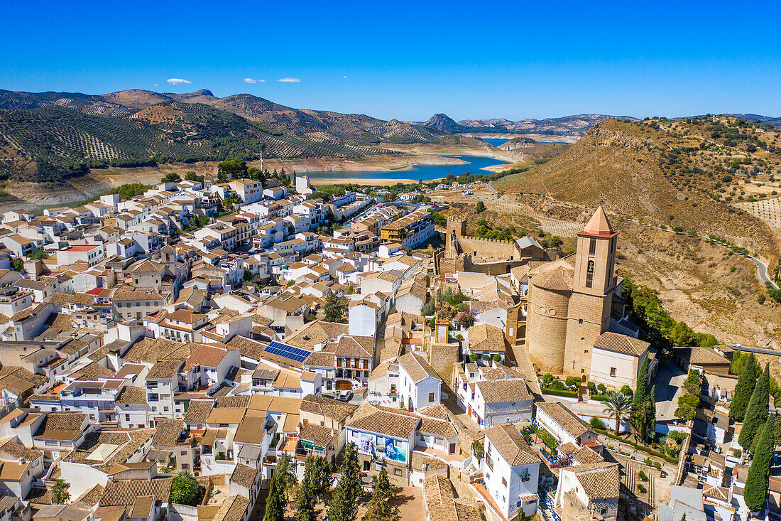 Aerial view of Iznajar village town reservoir and cemetry in Cordoba province, Andalusia, southern Spain.