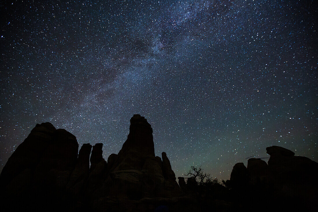 Eine Sternschnuppe und die Milchstraße über Sandsteintürmen im Needles District des Canyonlands National Park in Utah