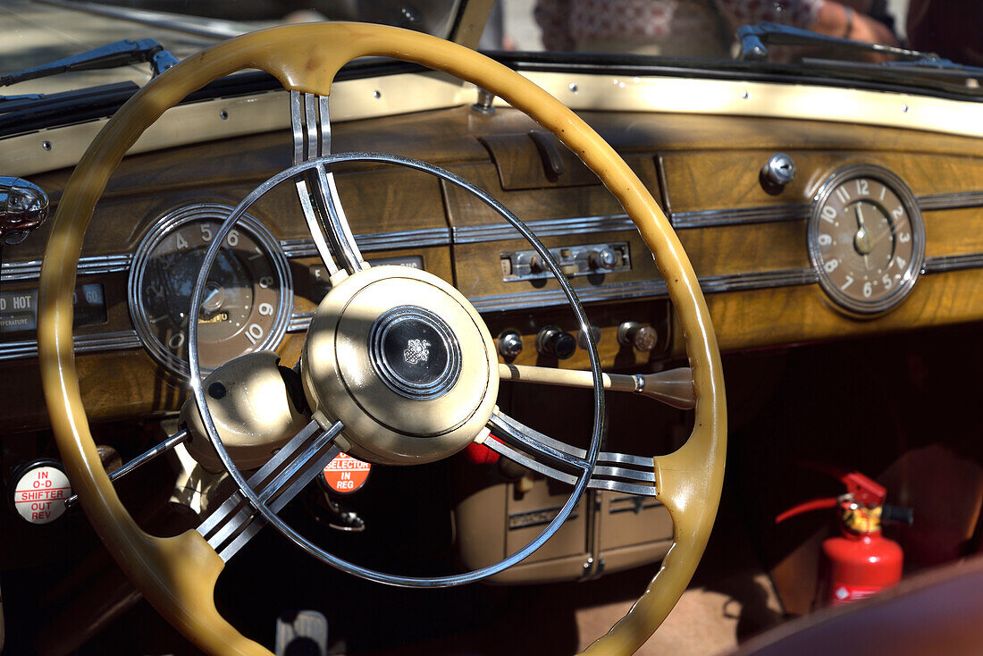 Interior of a classic car in a car festival in San Lorenzo de El Escorial, Madrid.