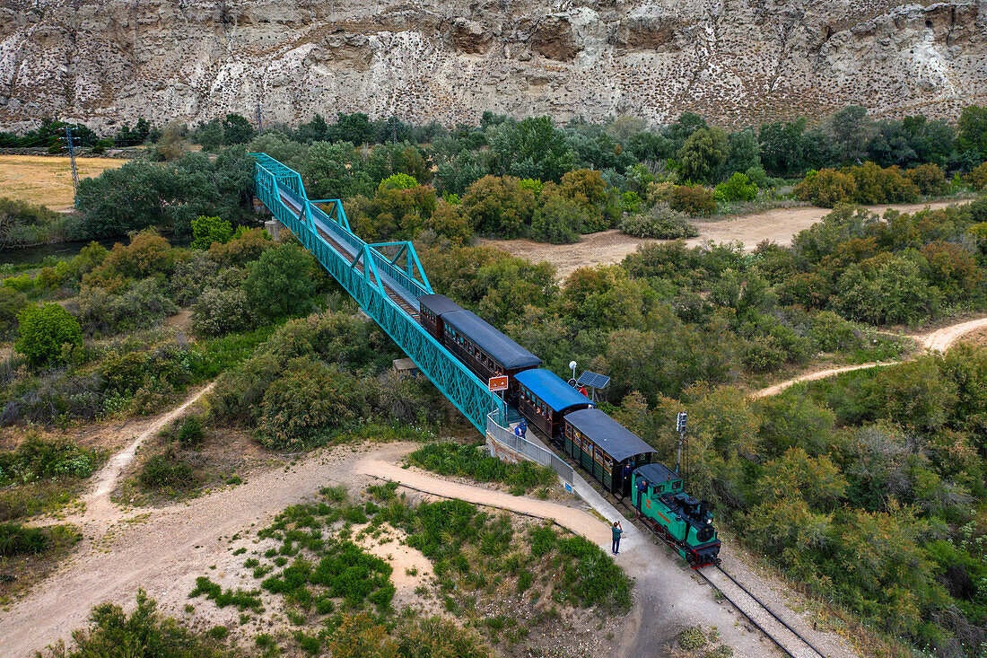 Aerial view of El Tren de Arganda train or Tren de la Poveda train in Rivas Vaciamadrid, Madrid, Spain.