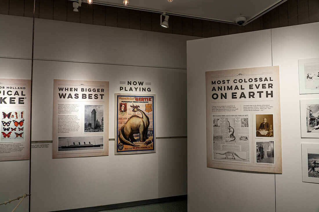 Publicity posters of a world tour of Dippy, a diplodocus skeleton, in the USU Eastern Prehistoric Museum in Price, Utah.